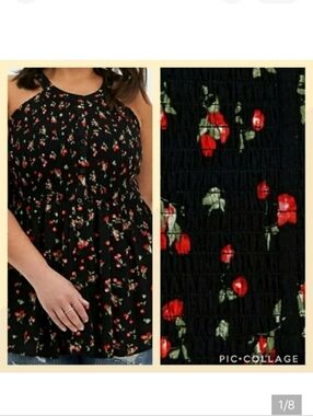 🆕🍒 2X BLACK CHERRY PRINT GAUZE SMOCKED HALTER